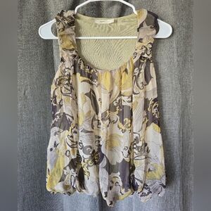 Gibson 100% Silk Bubble Tank Top Size Medium Grey Yellow Floral